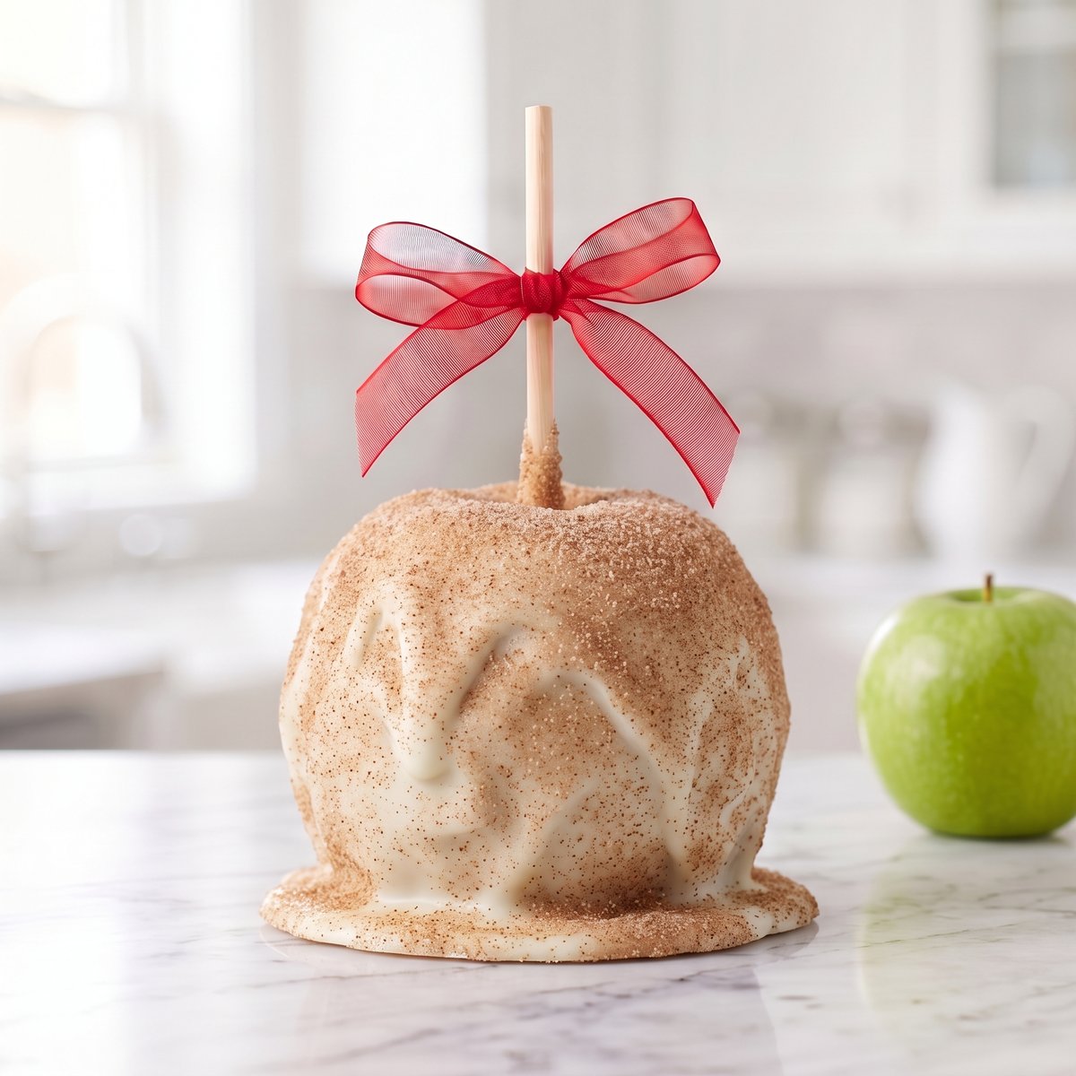 Apple Pie caramel apple coated in white chocolate and cinnamon sugar, tied with a red bow by Ruth's Big Apples