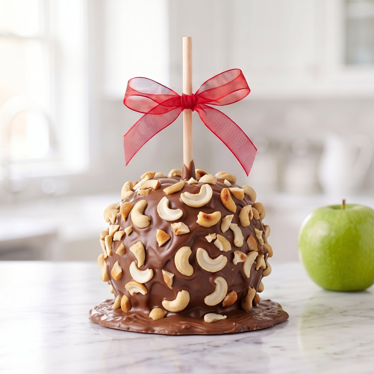 Cashew caramel apple coated in chocolate and chopped cashews, tied with a red bow by Ruth's Big Apples
