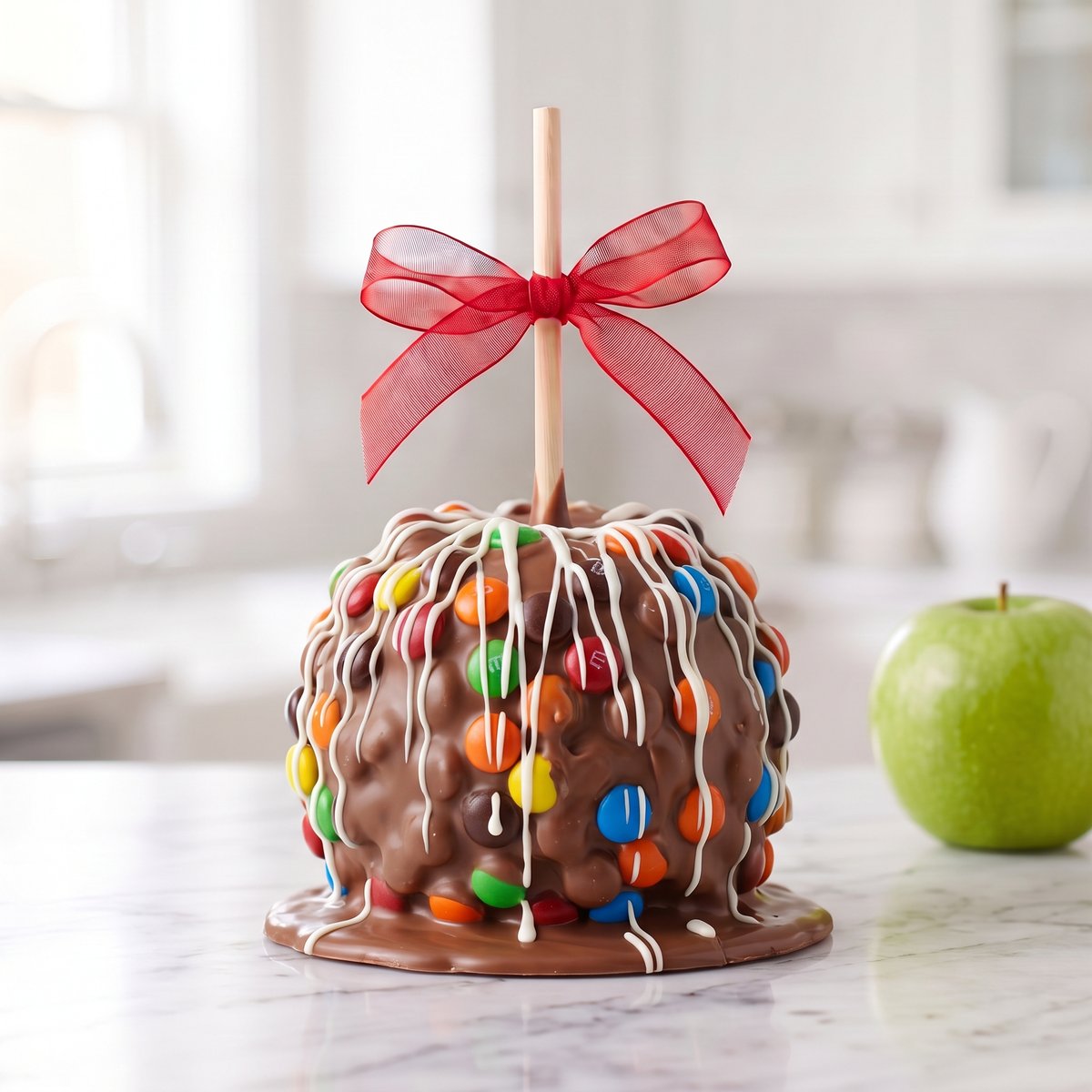 M&M caramel apple with chocolate, M&M candies and a white chocolate drizzle by Ruth's Big Apples