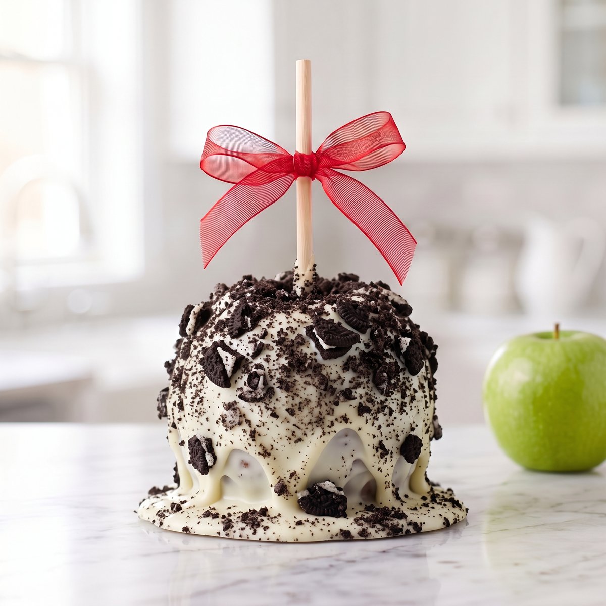 Oreo caramel apple with white chocolate and crushed Oreo cookies, tied with a red bow by Ruth's Big Apples