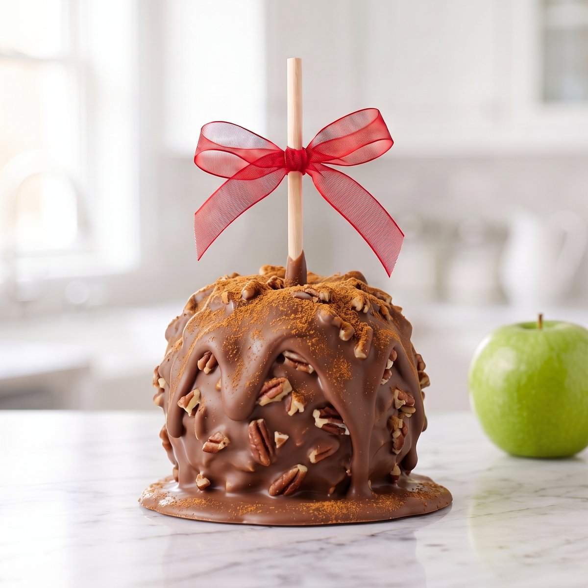 Pecan Pumpkin Spice caramel apple with chocolate, chopped pecans and pumpkin spice by Ruth's Big Apples