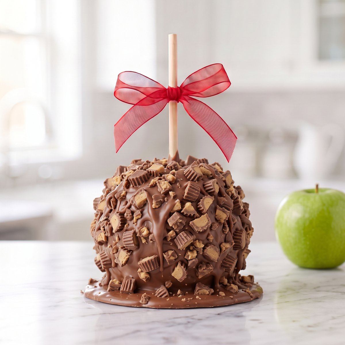 Reese's caramel apple with chocolate and chopped Reese's peanut butter cups by Ruth's Big Apples