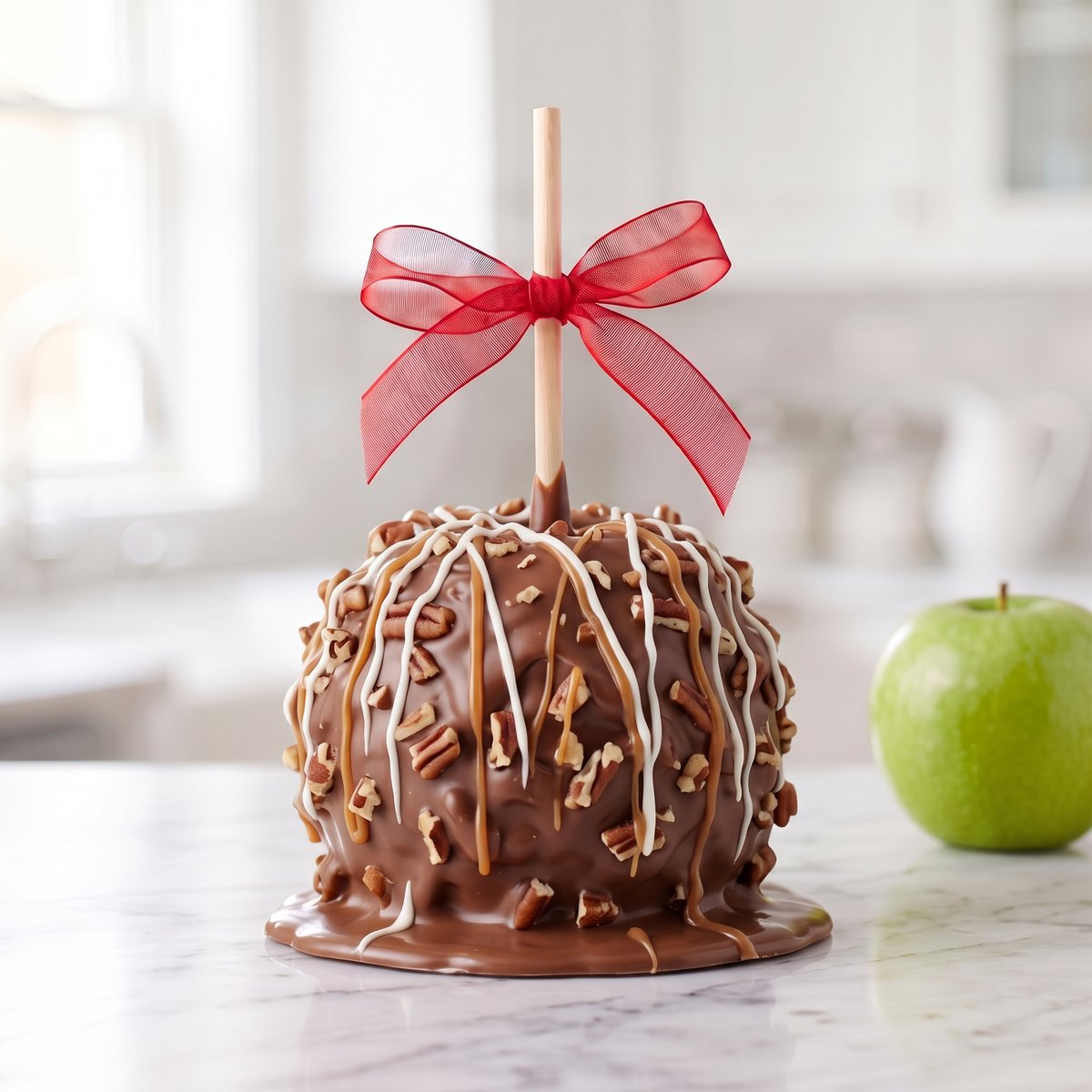Turtle caramel apple with chocolate, chopped pecans, and caramel and white chocolate drizzle, tied with a red bow