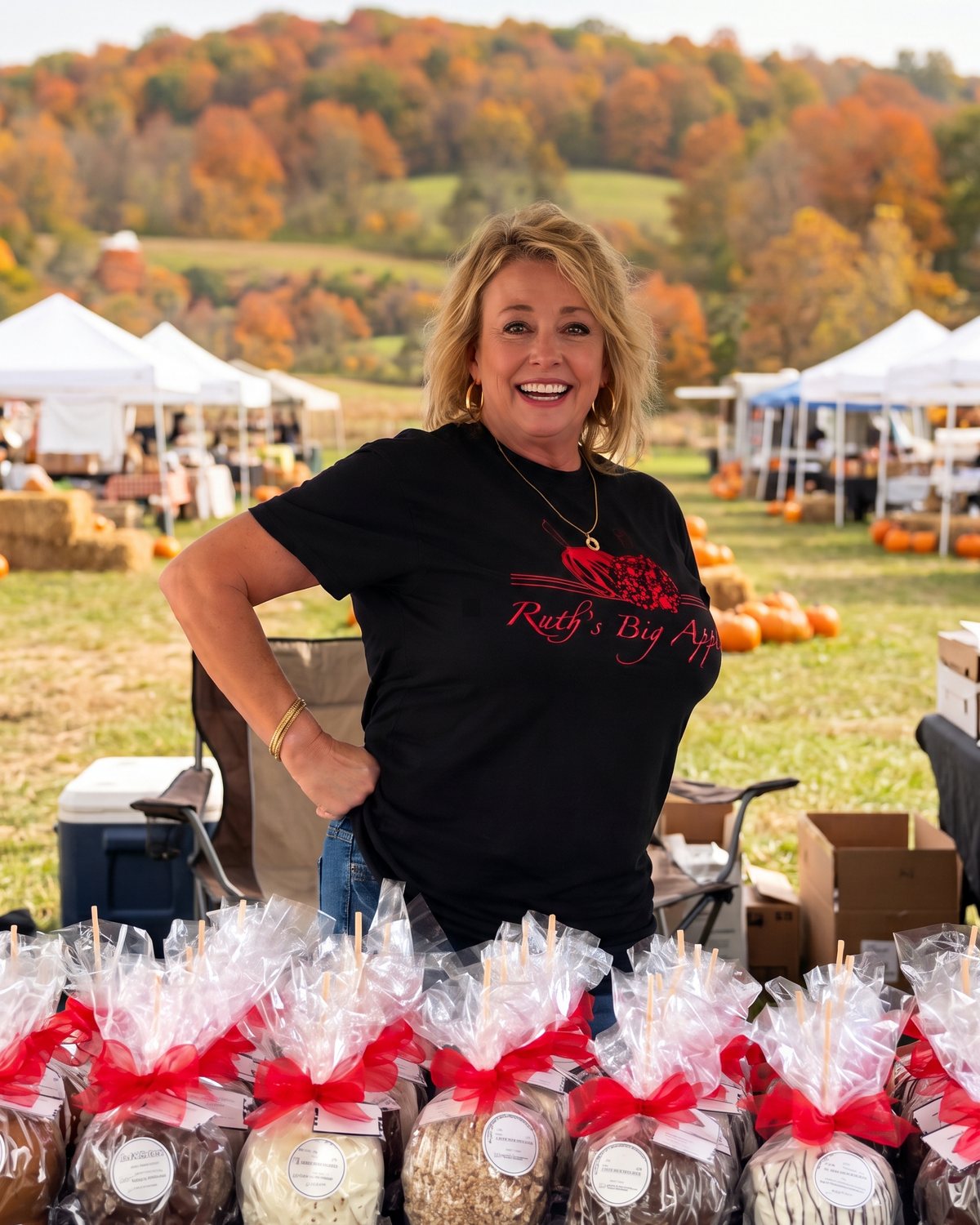 Ruth smiling behind her table of bagged caramel apples tied with red bows at a fall festival